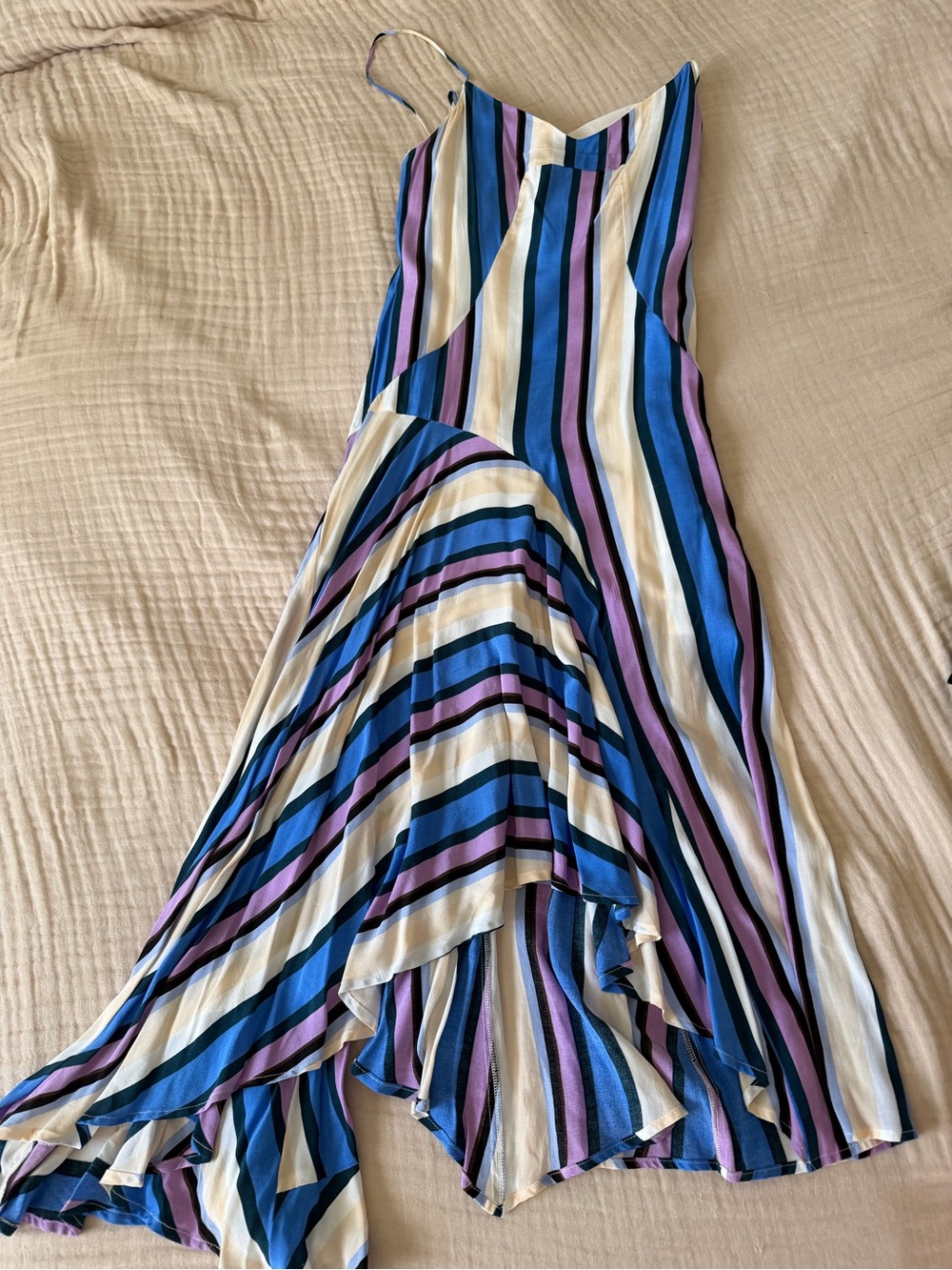 Astr Striped Asymmetrical Slip Dress in Blue, White & Lavender Sz XS